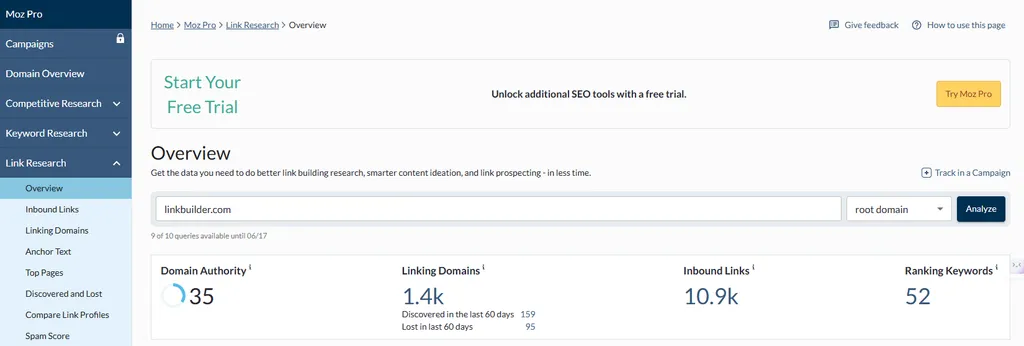 Огляд панелі інструментів платформи Moz SEO